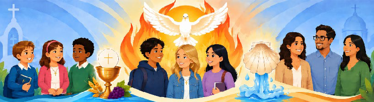 Catholic sacraments banner showing children, youth, adults, the Eucharist, the Holy Spirit, and Baptism