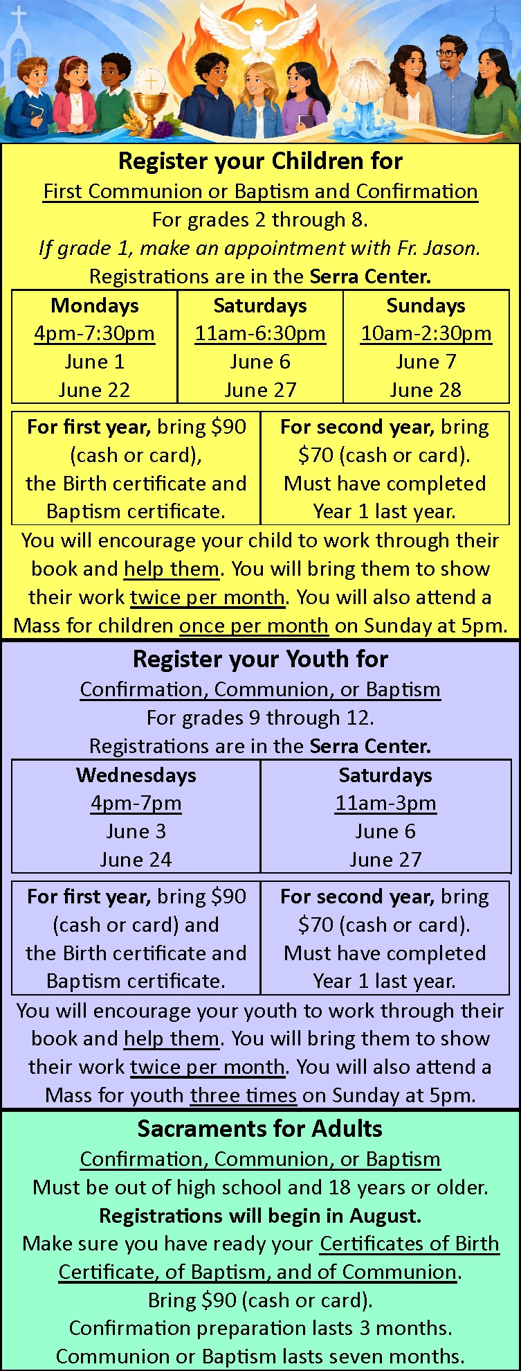 English registration announcement for children, youth, and adults