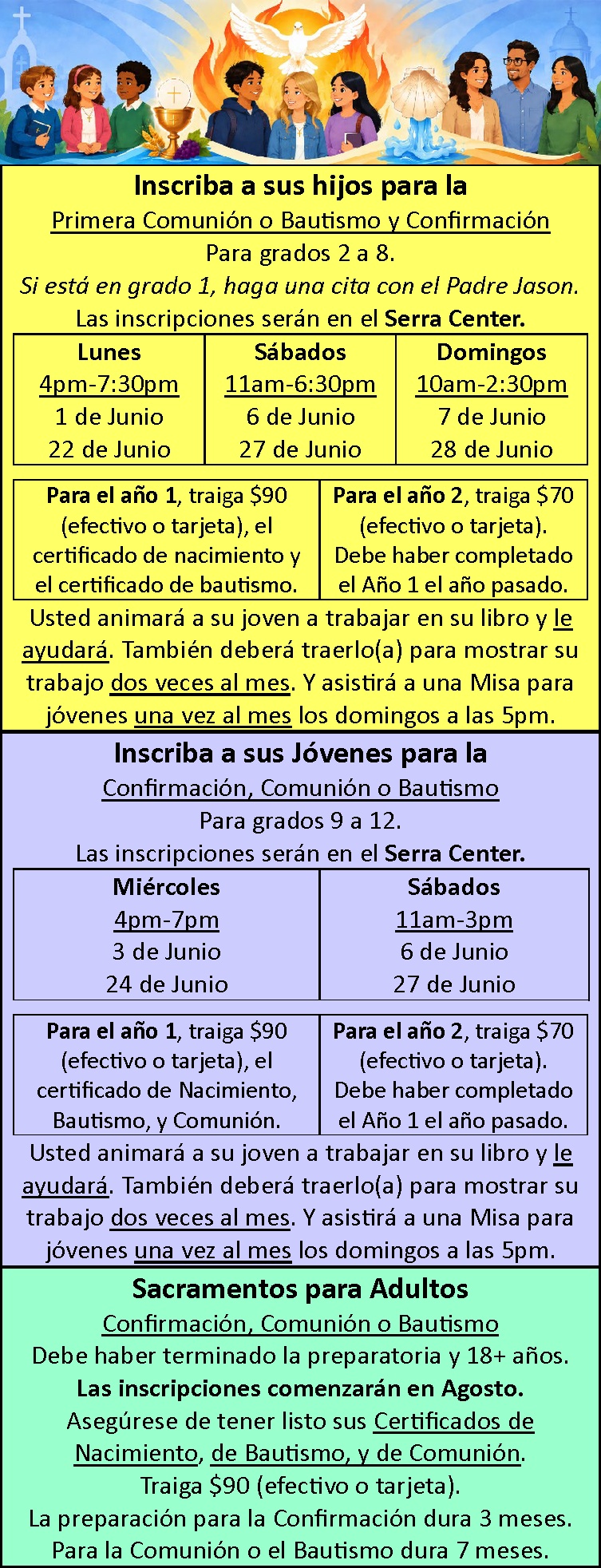 Spanish registration announcement for children, youth, and adults